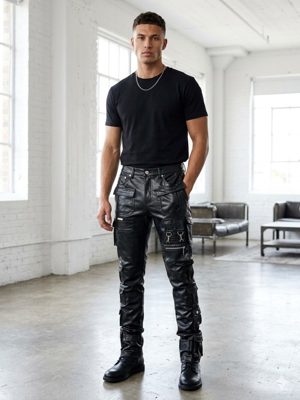 Guapi Stacked Faux Leather Tactical Pants 32